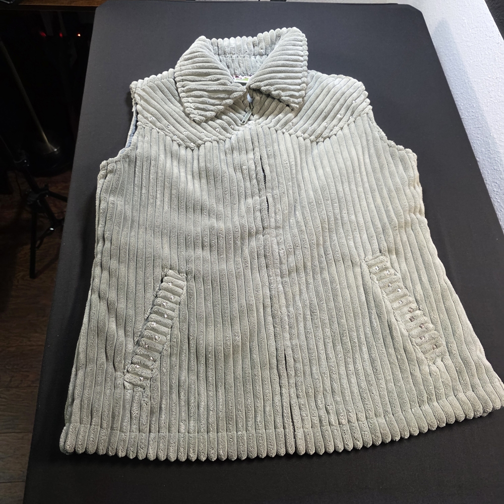 Ribbed Sleeveless Vest Cowgirl Up‎ Olive Green Thick Corduroy Textured, SZ Small